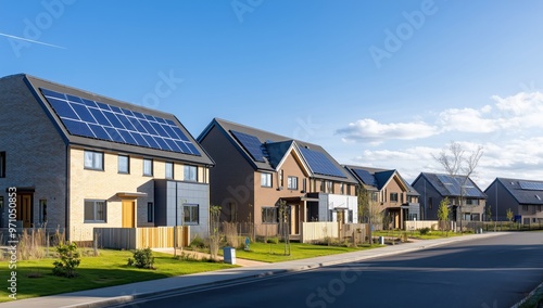 Sustainable living - new housing development with solar panels under a clear sky