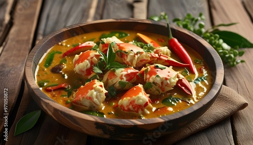 Vibrant crab curry infused with chili peppers and herbs elegantly presented on a rustic wooden plate, showcasing the essence of Southeast Asian cuisine