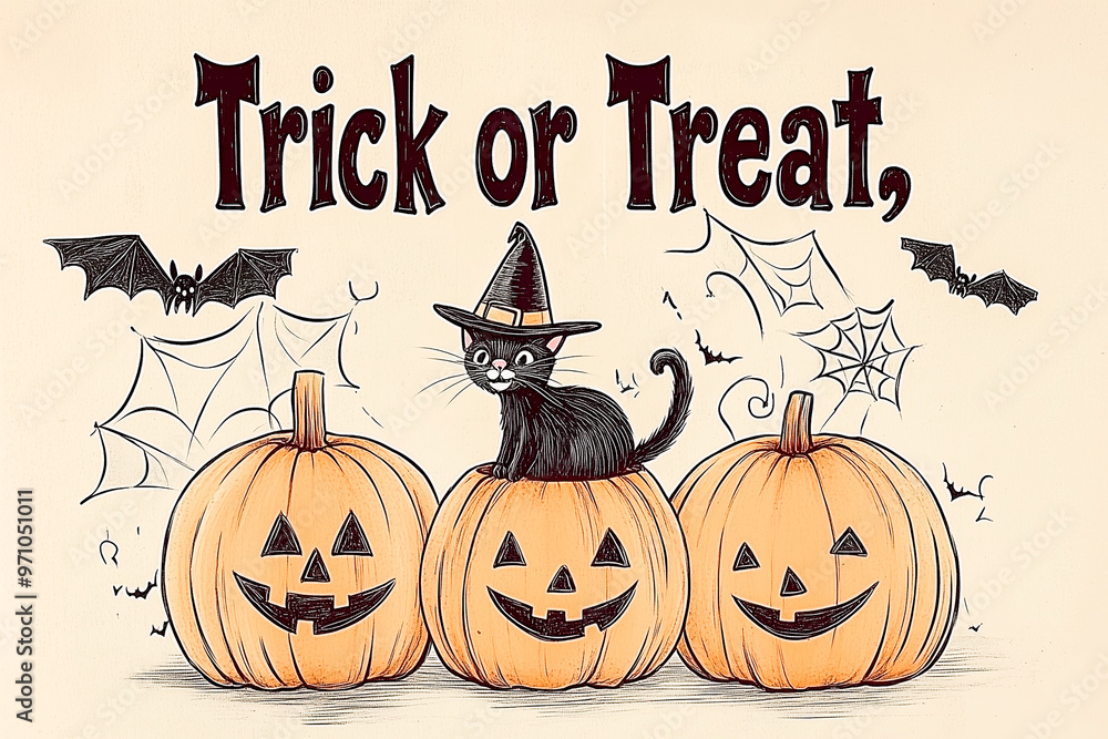 Cute Halloween Illustration of Pumpkin and Black Cat with Trick-or-Treat Message Cute Halloween Illustration of Pumpkin and Black Cat with Trick-or-Treat Message