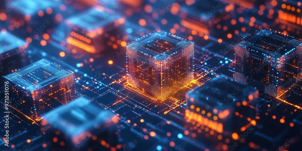Futuristic digital landscape featuring glowing cubes and circuits, ideal for tech, data, or innovation themes. Futuristic digital landscape featuring glowing cubes and circuits, ideal for tech, data, or innovation themes.