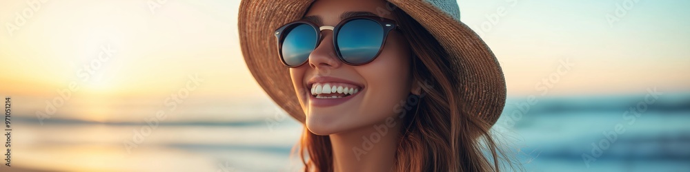 A woman wearing sunglasses and a straw hat is smiling at the camera. Concept of happiness and relaxation, as the woman is enjoying her time at the beach A woman wearing sunglasses and a straw hat is smiling at the camera. Concept of happiness and relaxation, as the woman is enjoying her time at the beach