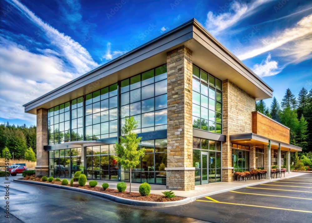 Exterior of a modern grocery store in suburban Washington state, featuring a natural stone facade, large windows, and a vibrant green landscape surrounding the parking lot. Exterior of a modern grocery store in suburban Washington state, featuring a natural stone facade, large windows, and a vibrant green landscape surrounding the parking lot.
