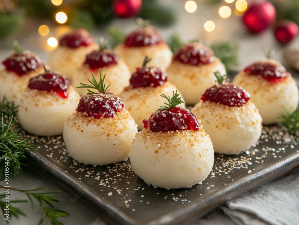 Brie cheese formed into snowballs with cranberry relish on top, arranged on a platter with edible glitter