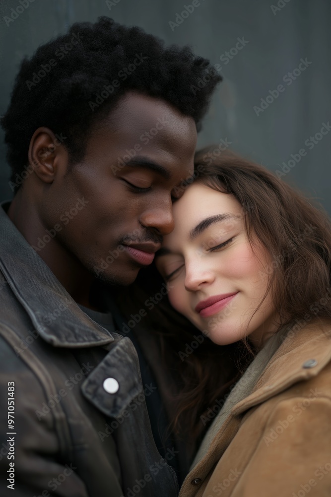 A man and a woman are hugging each other. The man is wearing a black jacket and the woman is wearing a brown jacket. They are both smiling and looking into each other's eyes A man and a woman are hugging each other. The man is wearing a black jacket and the woman is wearing a brown jacket. They are both smiling and looking into each other's eyes