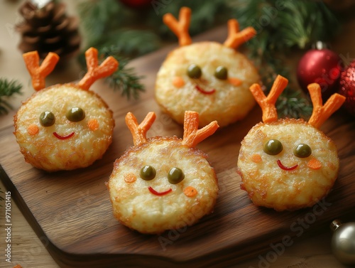 Potato latkes shaped into reindeer faces with olive eyes and carrot antlers, playful and family-friendly photo