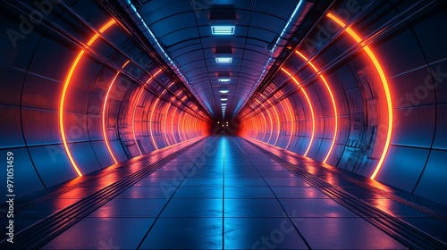 Illuminated Futuristic Tunnel with Glowing Lines and Architectural Perspective