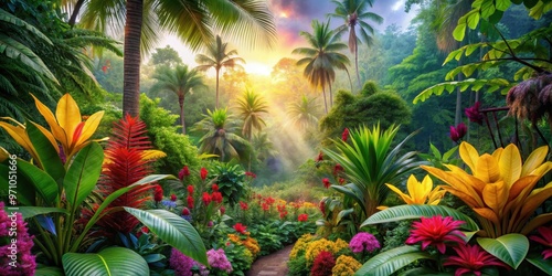 Vibrant tropical forest with colorful flowers perfect for creating a paradise background, tropical, forest, vibrant, flowers