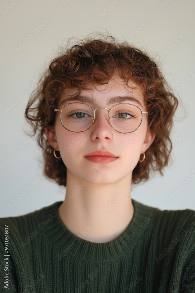 A non-binary person with glasses and a nose ring is wearing a green sweater. She has a serious expression on her face A non-binary person with glasses and a nose ring is wearing a green sweater. She has a serious expression on her face