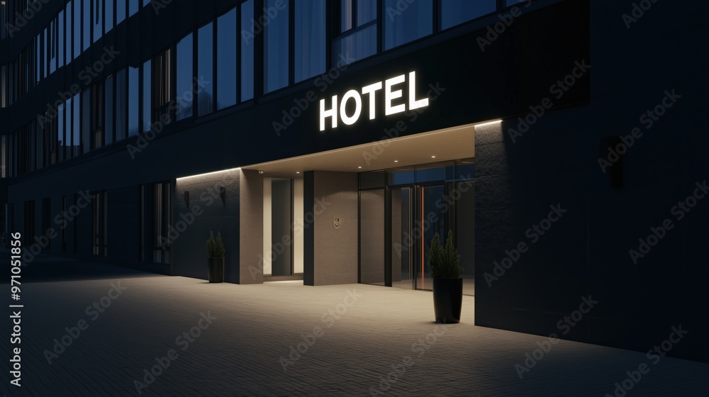 Obraz premium Upscale luxury hotel entrance at night - sleek design for modern architecture concepts