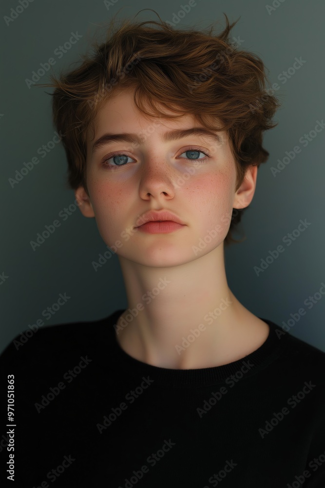 A young non-binary person with brown hair and blue eyes is standing in front of a blue wall. She is wearing a black shirt and has a red nose A young non-binary person with brown hair and blue eyes is standing in front of a blue wall. She is wearing a black shirt and has a red nose