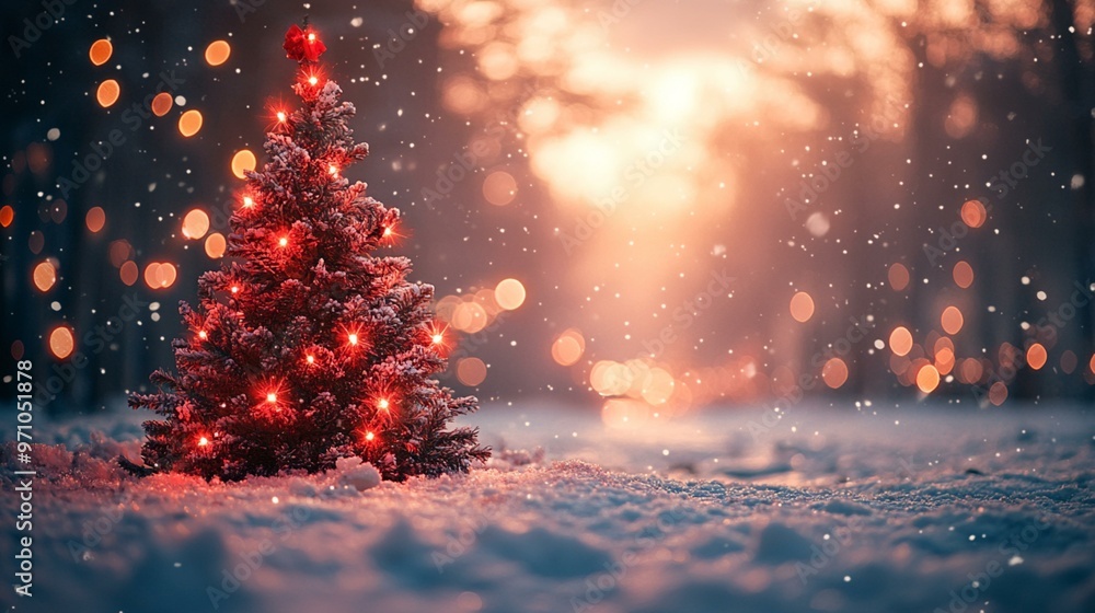 an Christmas tree outdoors adorned with snow, lights, and bokeh effects, evoking a festive holiday atmosphere. an Christmas tree outdoors adorned with snow, lights, and bokeh effects, evoking a festive holiday atmosphere.