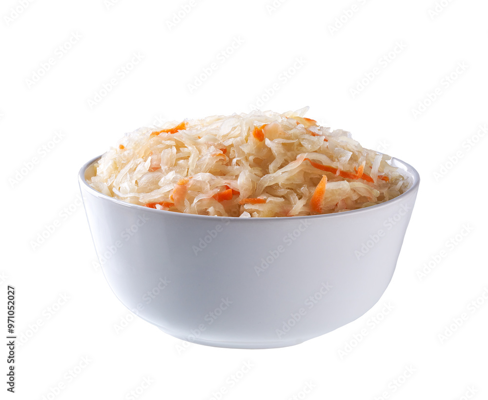 fermented white cabbage with carrot in a white ceramic bowl isolated on white background. fermented white cabbage with carrot in a white ceramic bowl isolated on white background.