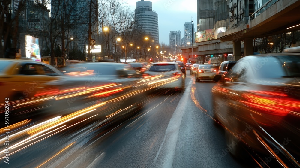 Fototapeta premium Urban speed: high velocity traffic in cityscape evening