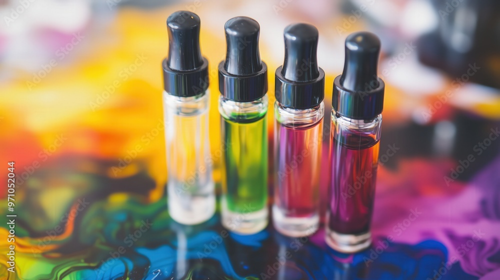 Vibrant array of plastic vape juice bottles with colorful background Vibrant array of plastic vape juice bottles with colorful background