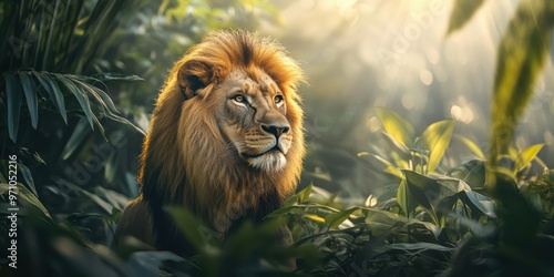 Majestic lion resting in lush greenery, bathed in soft sunlight, showcasing its powerful presence in the wild.