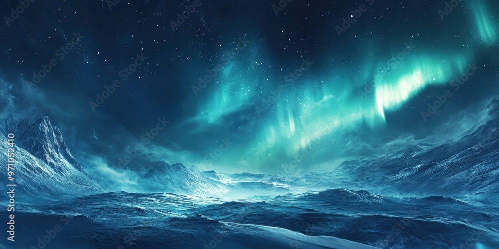 Fototapeta premium Mesmerizing aurora lights dance across the night sky over an icy landscape, creating a surreal and tranquil atmosphere.