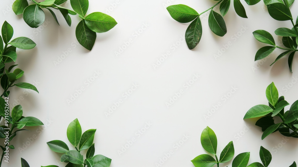 Natural green leaves arranged creatively on a blank surface, inviting a fresh and calm atmosphere for design inspiration Natural green leaves arranged creatively on a blank surface, inviting a fresh and calm atmosphere for design inspiration