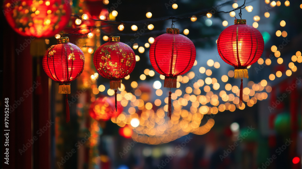 Festive red lanterns illuminate a vibrant street adorned with twinkling lights during a cultural celebration at night Festive red lanterns illuminate a vibrant street adorned with twinkling lights during a cultural celebration at night
