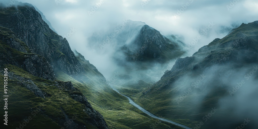 Fototapeta premium Mysterious mountain landscape enveloped in mist, creating an ethereal atmosphere in nature's untouched beauty.