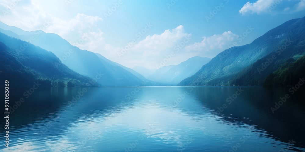 Serene landscape featuring a tranquil lake surrounded by majestic mountains under a clear blue sky. Serene landscape featuring a tranquil lake surrounded by majestic mountains under a clear blue sky.
