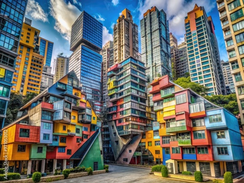 Fragmented buildings with irregular shapes, distorted lines, and bold colors clash in a futuristic cityscape, challenging conventional notions of architecture and urban planning. photo