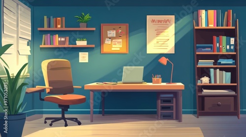 Wallpaper Mural Office room design concept featuring office furniture including a table shelf and chair in a 2D cartoon style illustration Torontodigital.ca
