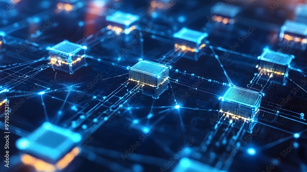 Obraz premium Seamless geometric design with interconnected blockchain nodes and neural networks