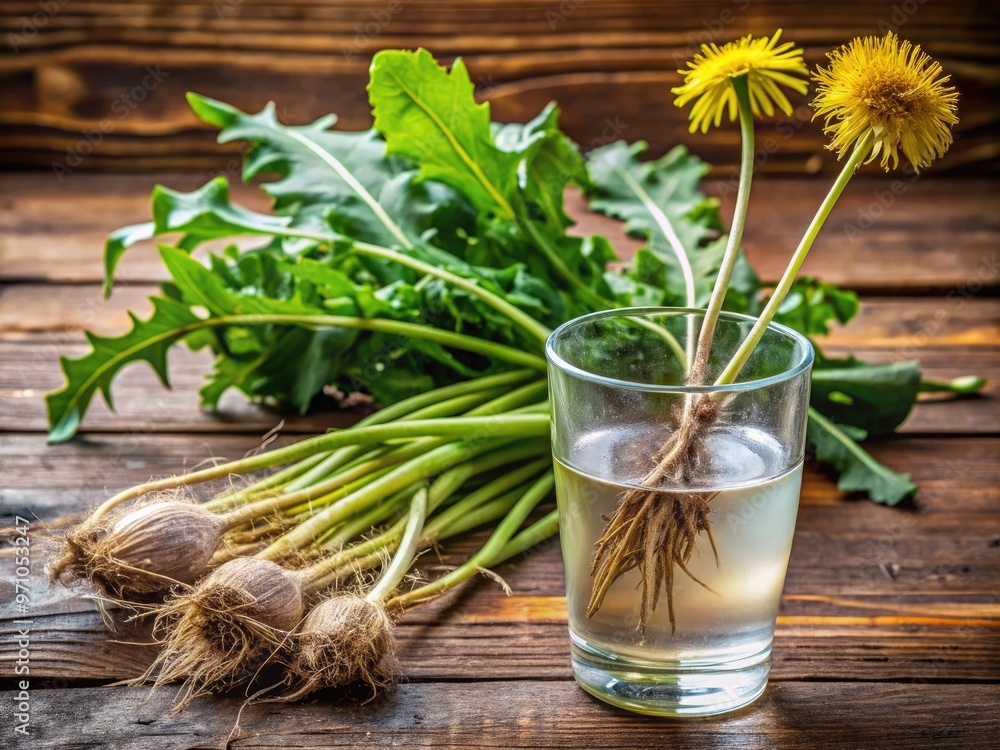 Fresh green dandelion leaves and roots surround a glass of water on a wooden table, symbolizing a natural detoxification and digestion aid for digestive issues. Fresh green dandelion leaves and roots surround a glass of water on a wooden table, symbolizing a natural detoxification and digestion aid for digestive issues.