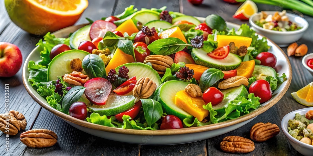 Fresh green salad with sliced vegetables, fruits, and nuts, arranged in a colorful and appetizing composition, promoting healthy eating and wellness lifestyle choices. Fresh green salad with sliced vegetables, fruits, and nuts, arranged in a colorful and appetizing composition, promoting healthy eating and wellness lifestyle choices.