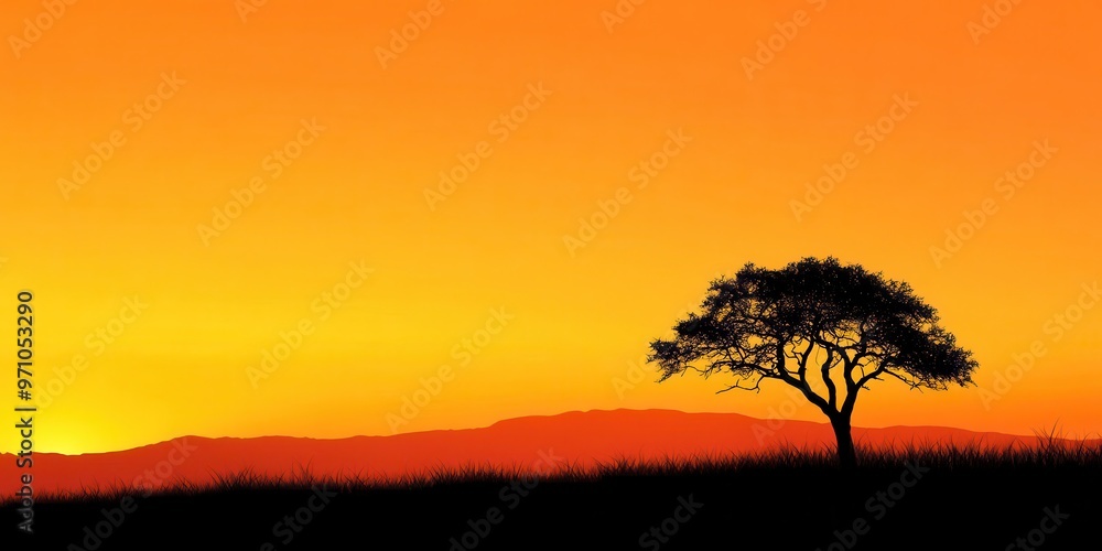 Silhouette of a solitary tree against a stunning orange sunset, creating a tranquil and serene landscape view. Silhouette of a solitary tree against a stunning orange sunset, creating a tranquil and serene landscape view.