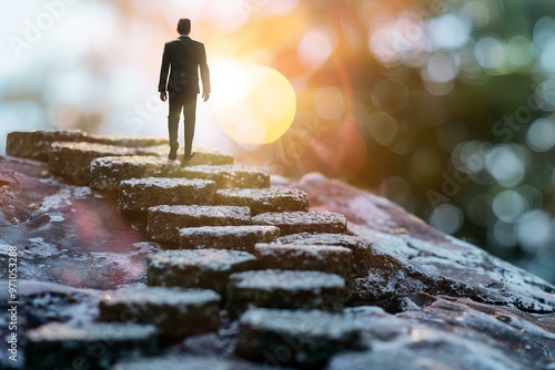 Businessman is walking up a long staircase made of stones toward a bright light