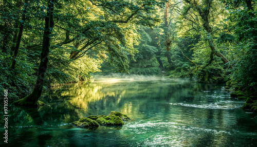 A forest clearing with water