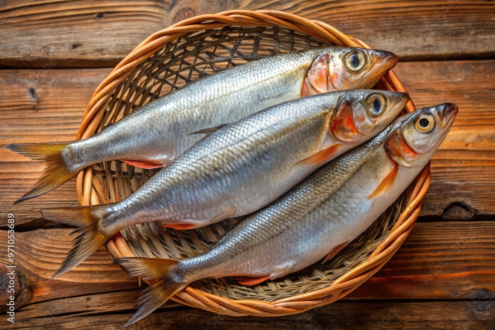 Freshly caught Bangos fish, also known as milkfish, lie on a wicker basket, showcasing their silver scales and vibrant orange fins against a rustic wooden backdrop. Freshly caught Bangos fish, also known as milkfish, lie on a wicker basket, showcasing their silver scales and vibrant orange fins against a rustic wooden backdrop.
