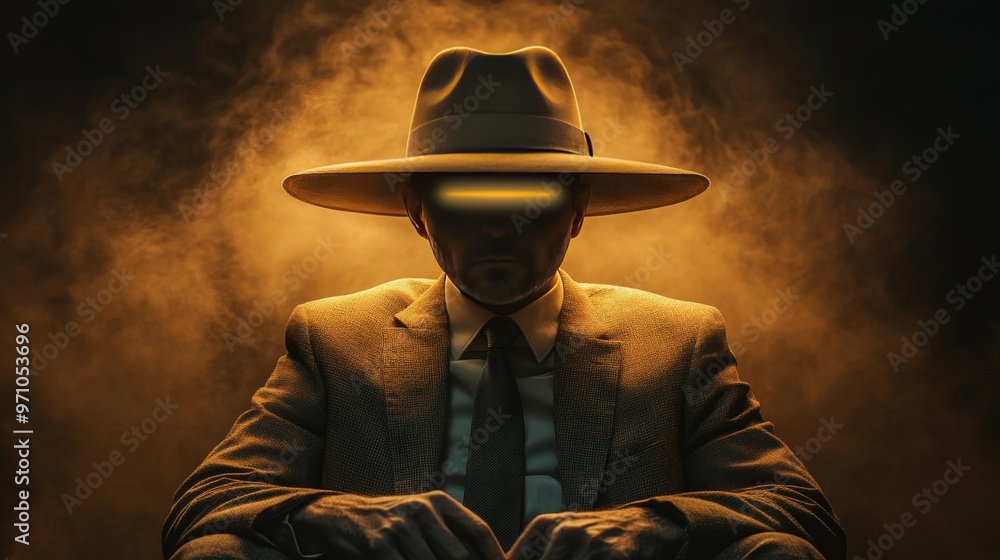 A man in a suit and hat is sitting in a dark room A man in a suit and hat is sitting in a dark room