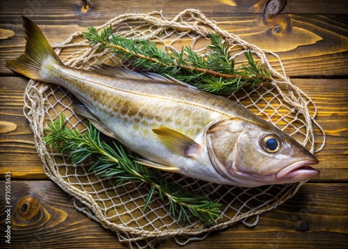 Freshly caught Atlantic codfish with gleaming silver scales and distinctive lateral line, laid on a rustic wooden table amidst seaweed and ocean-worn nets. photo