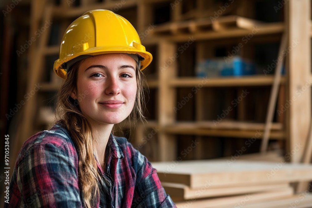 A young woman wearing a yellow hard hat and plaid shirt is sitting confidently in a carpentry workshop with wood shelves in the background with genrative ai A young woman wearing a yellow hard hat and plaid shirt is sitting confidently in a carpentry workshop with wood shelves in the background with genrative ai