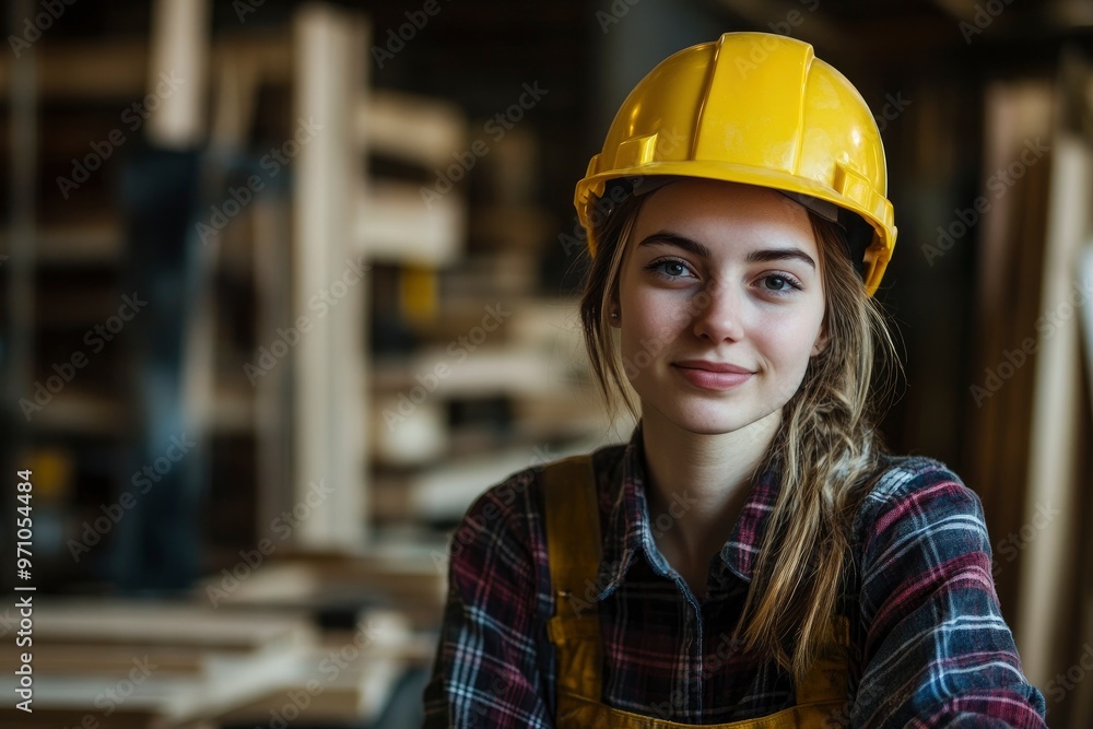 A young woman wearing a yellow hard hat and plaid shirt is sitting confidently in a carpentry workshop with wood shelves in the background with genrative ai A young woman wearing a yellow hard hat and plaid shirt is sitting confidently in a carpentry workshop with wood shelves in the background with genrative ai