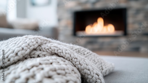 A detailed close-up of a knitted blanket in soft focus, with a warm fireplace burning in the background, creating a feeling of comfort and tranquility in a cozy setting. photo