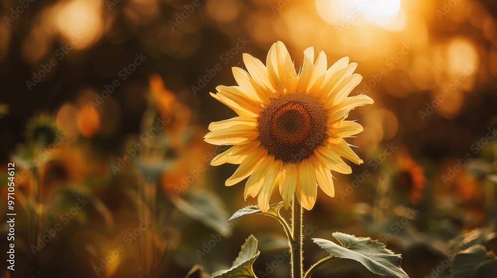 Naklejka premium During the summer season, a sunflower stands tall, its vibrant yellow petals shining brightly under the warm sun. The photographer captures the sunflower with a selective focus,
