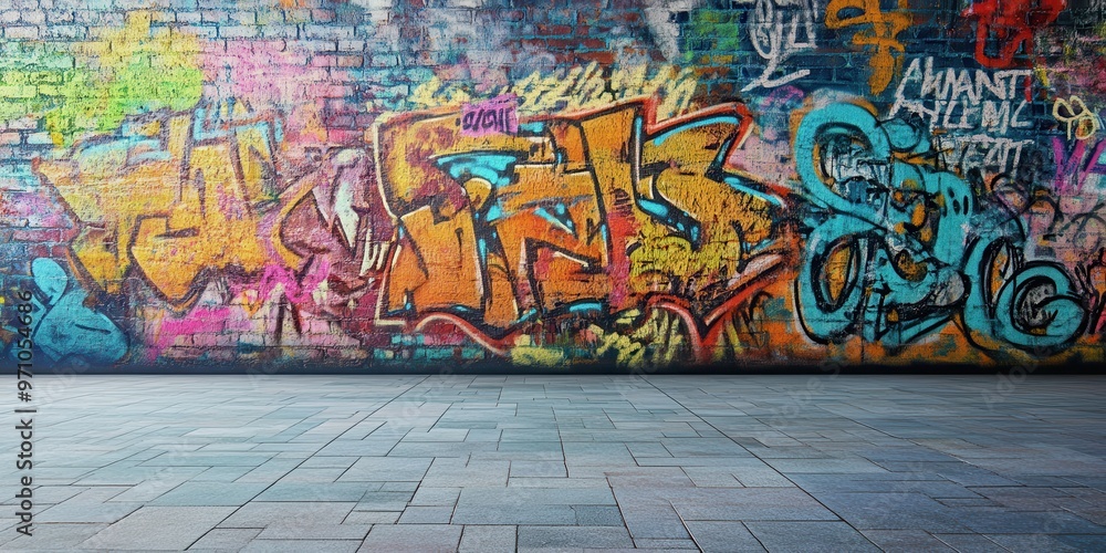 Fototapeta premium Vibrant graffiti art on a wall, showcasing colors and urban creativity in a lively street setting.