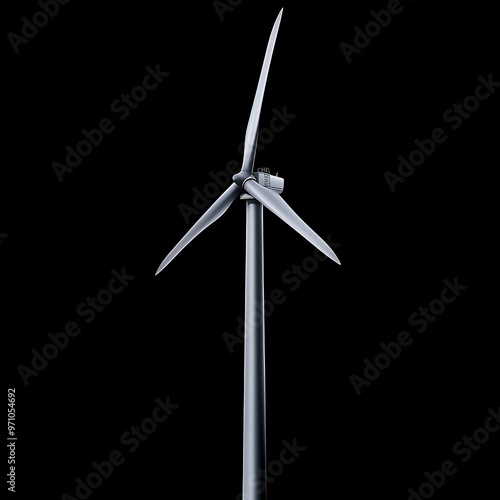 A single wind turbine on a black background. The blades are pointing straight up.