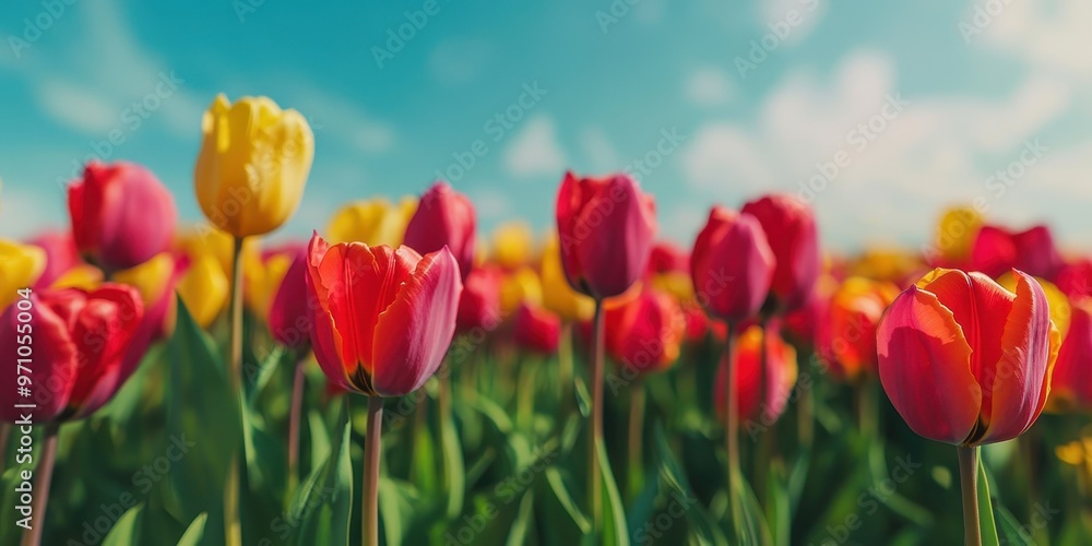 Vibrant tulip field under a clear blue sky, showcasing a beautiful array of colorful blooms in spring. Nature's stunning display. Vibrant tulip field under a clear blue sky, showcasing a beautiful array of colorful blooms in spring. Nature's stunning display.