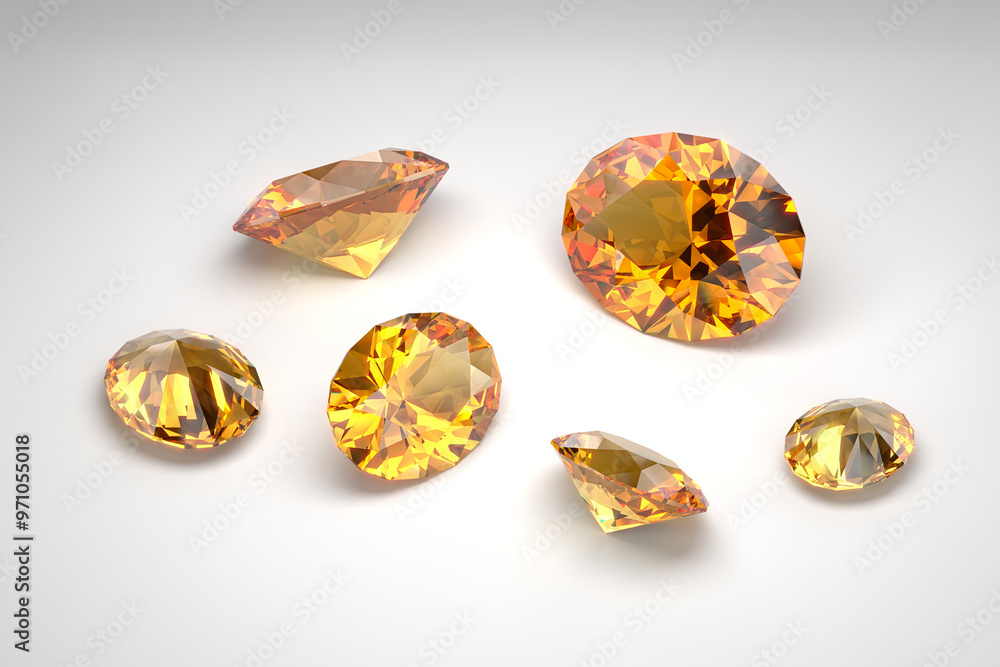 Scattering of topazes of different sizes on the white background. Exhibition of precious stones. Cut in oval style. 3d rendering. Scattering of topazes of different sizes on the white background. Exhibition of precious stones. Cut in oval style. 3d rendering.