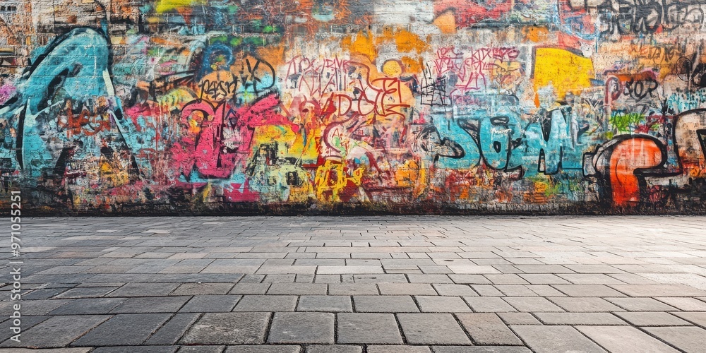 Fototapeta premium Vibrant urban graffiti wall showcasing colorful street art and textures, perfect for creative projects and backgrounds.