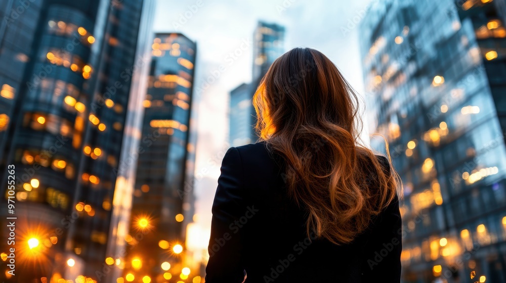 A woman gazes at a stunning cityscape during sunset, surrounded by modern skyscrapers and sparkling lights. A woman gazes at a stunning cityscape during sunset, surrounded by modern skyscrapers and sparkling lights.