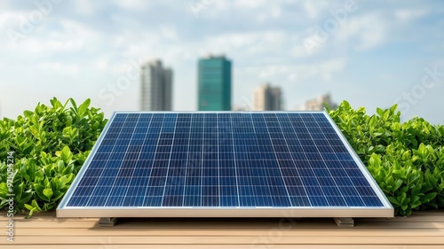 Modern rooftop garden with solar panels integrated among the plants, demonstrating a fusion of green energy and urban greenery photo