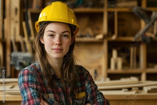 A young woman wearing a yellow hard hat and plaid shirt is sitting confidently in a carpentry workshop with wood shelves in the background with genrative ai