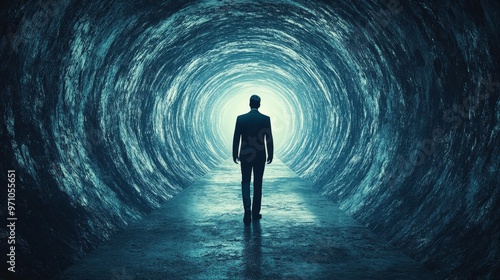 A man is walking through a tunnel