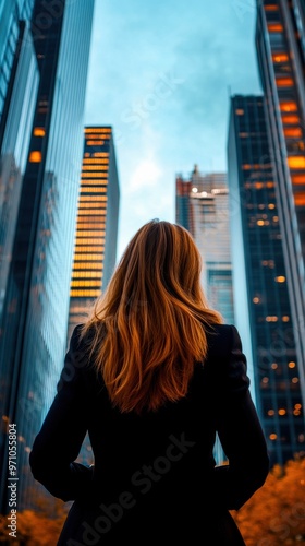 A woman stands in awe, gazing up at towering skyscrapers in an urban landscape during twilight, symbolizing ambition and opportunity.