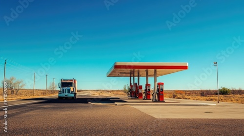 A truck stops at a rural gas station on a deserted road, the clear blue sky contrasting with the vintage pumps.